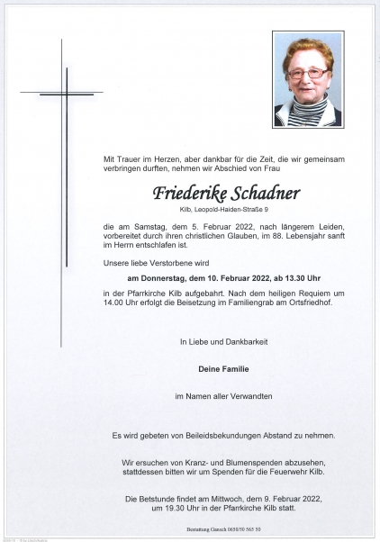 Traueranzeige von Friederike Schadner